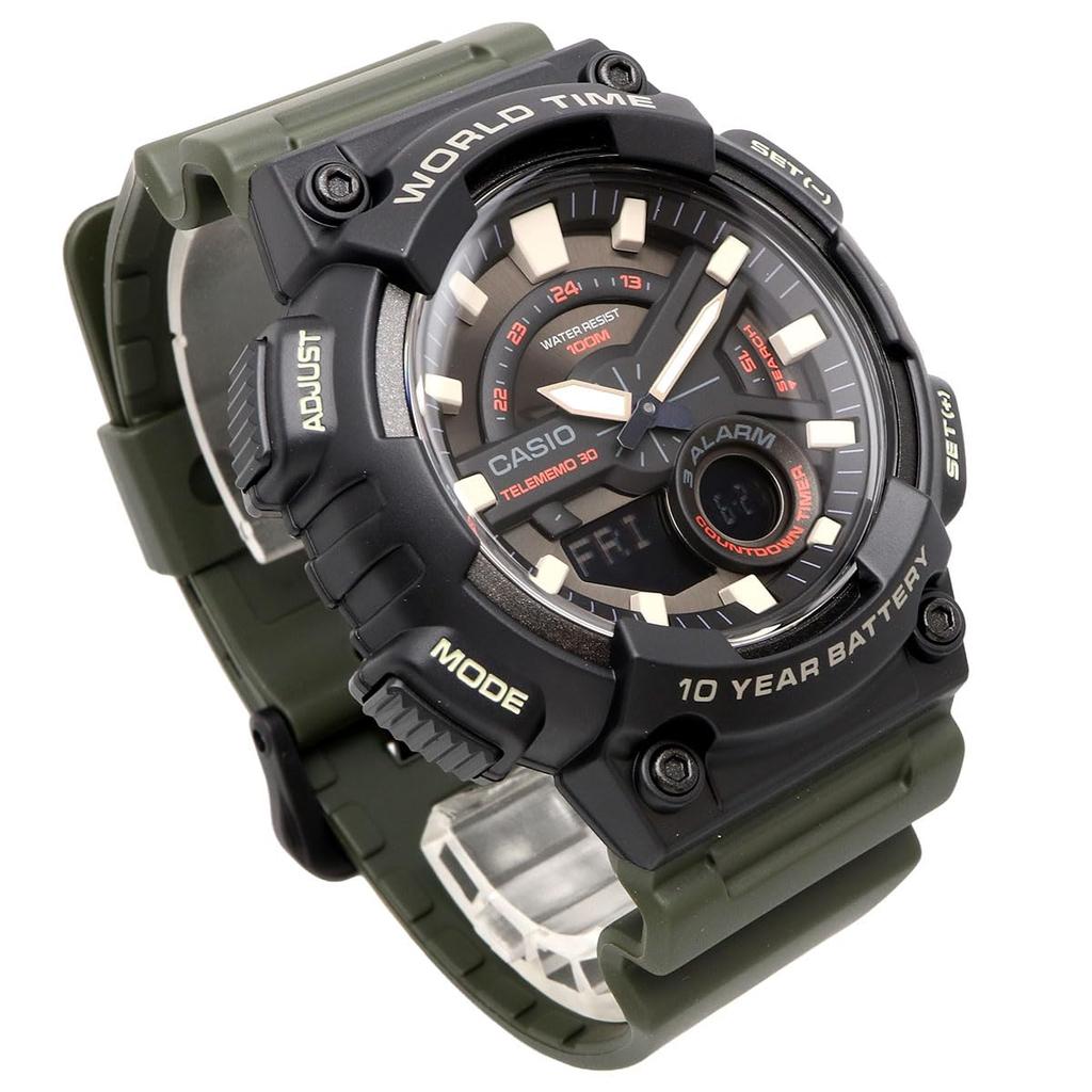 Casio World Time Quartz Wristwatch with Black Inverted LCD and Military Green Overseas Model AEQ-110W-3AV Men's Analog-Digital Display, [Used]