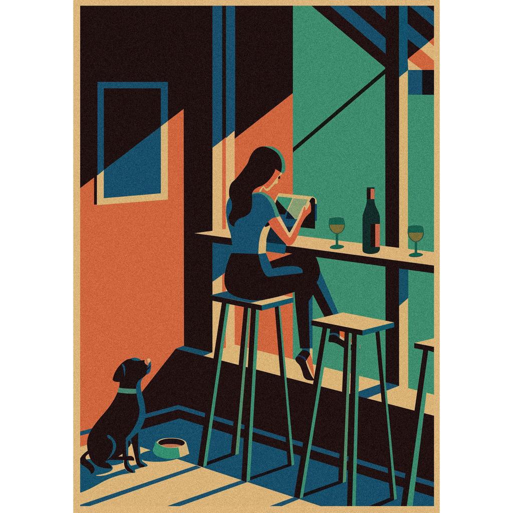 Malika Favre Retro Girl Illustration Kraft Paper Poster for Bar or Cafe Wall Decor