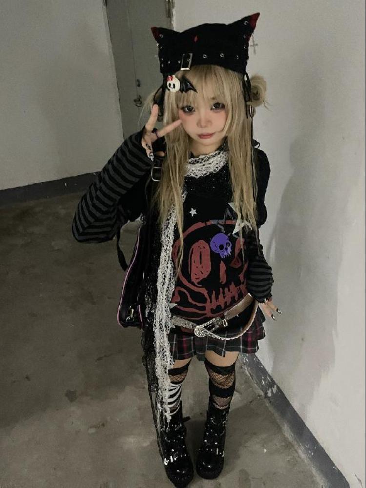 Осенняя эстетика панк-принт с длинными рукавами, женская футболка Harajuku Rock Y2k Fake из двух частей, японская мода, свободная повседневная одежда