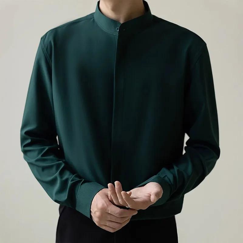 Осенний KPOP Модный Стиль Харадзюку Приталенный Ropa Hombre Свободный Повседневный Все Сочетания Рубашка С Воротником-Стойкой Однотонная На Пуговицах С Длинным Рукавом Блуза