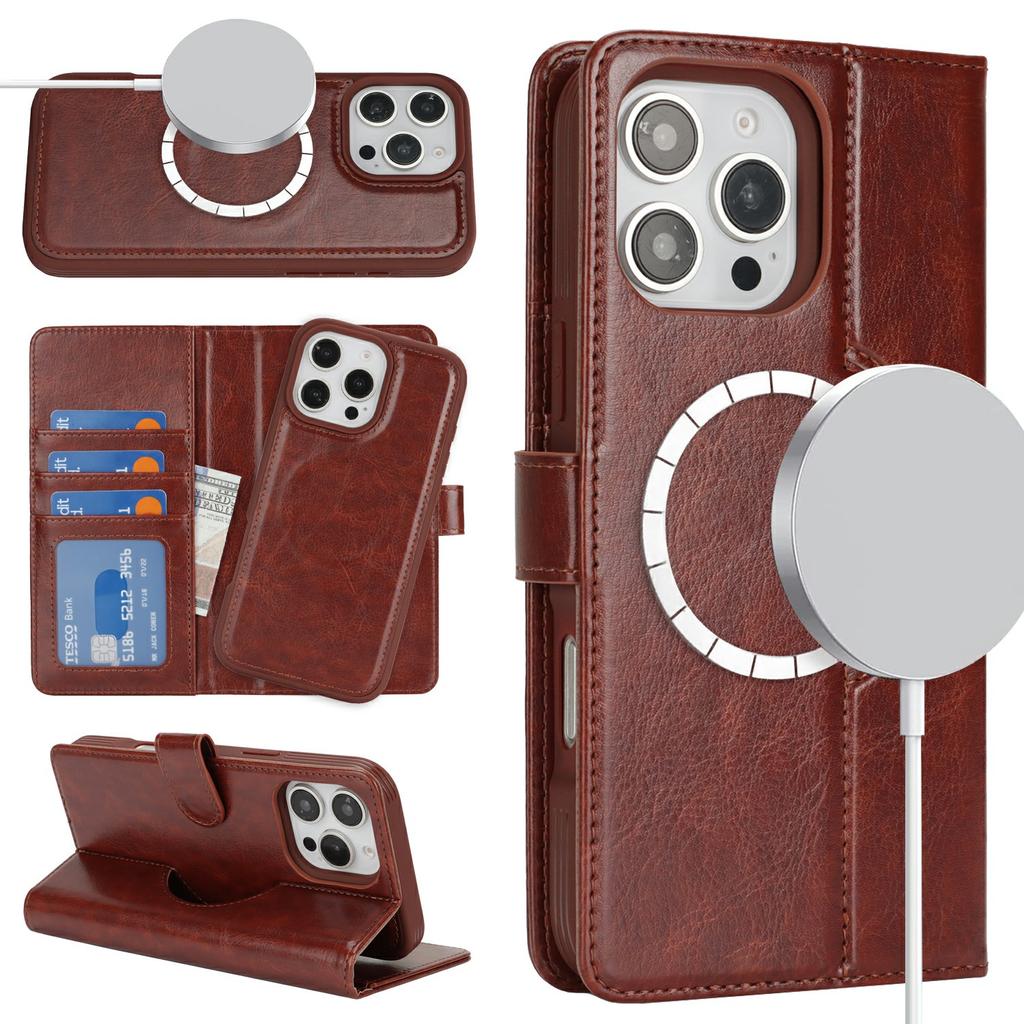 For iPhone 16 Pro Wallet Case Compatible with MagSafe Anti-Drop Detachable PU Leather Phone Cover