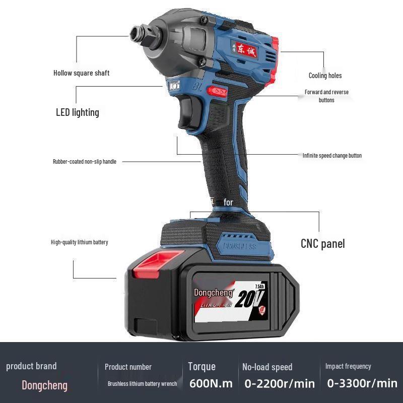 Бесщеточный электроинструмент Dongcheng: Перезаряжаемый литиевый аккумуляторный молоток, электродрель, гайковерт и угловая шлифмашина.