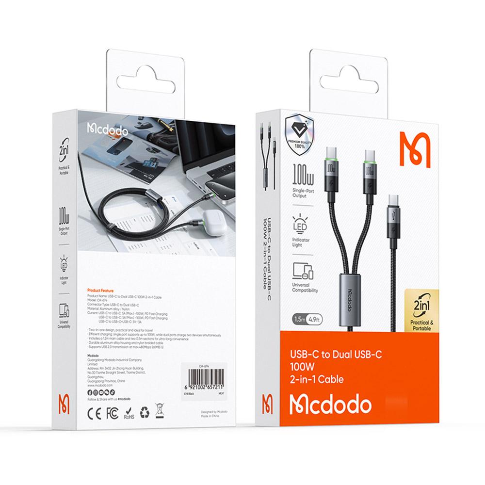 MCDODO CA-6740 2-в-1 USB-C Кабель 100 Вт Быстрая Зарядка Два порта Type-C Плетеный Шнур 1.5 м для Нескольких Устройств