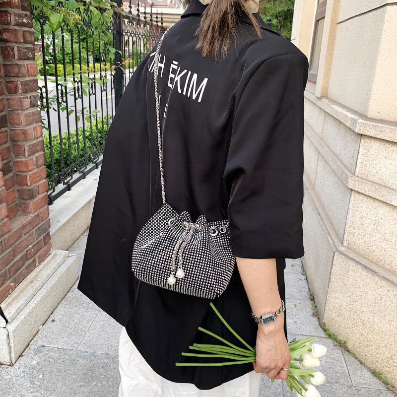 Fashion Women Drawstring Rhinestones Shoulder Bag Luxury Bucket Crossbody Bag