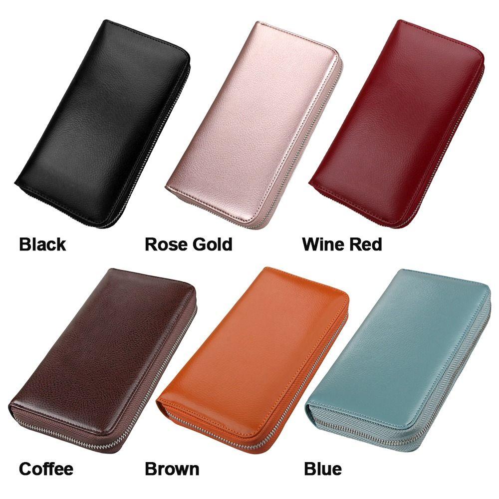 Large Capacity Genuine Leather Wallet Multiple Slots Zippered Credit Card Holder Accordion Design Multi-Card Card Storage Bag