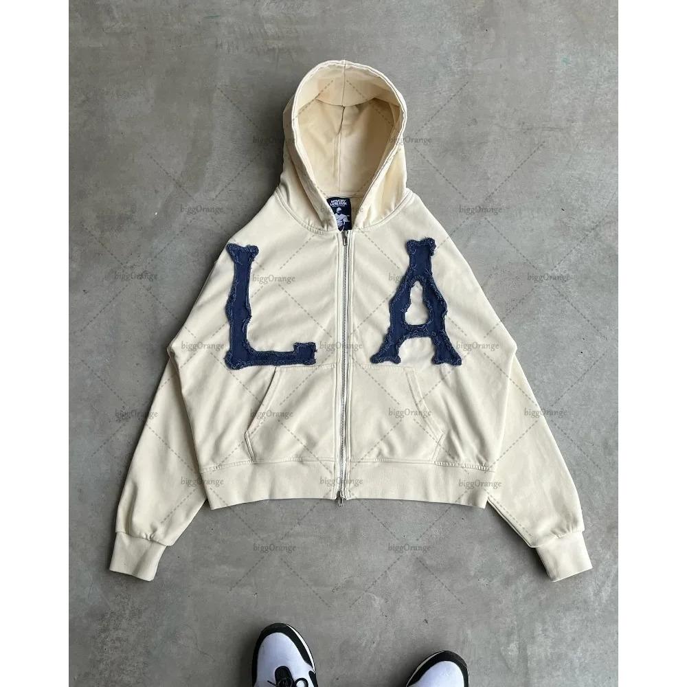 ZYLLO Y2k Harajuku Retro Trendy Brand Letter Embroidery Oversized Swetshirt Women High Street Fashion Loose Zipper Hoodie