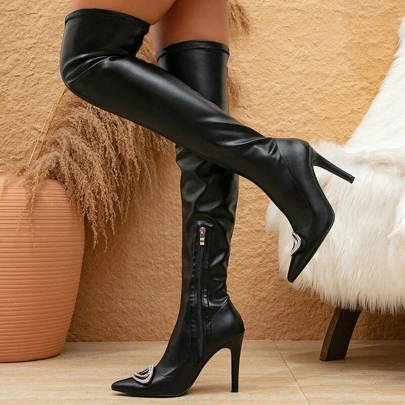 Eilyken Сексуальные сапоги выше колена с острым носком, модные женские зимние длинные ботильоны на тонком высоком каблуке с молнией сбоку