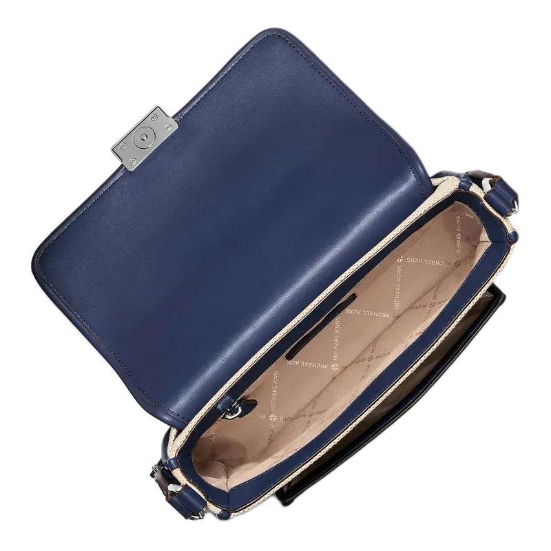MICHAEL KORS Bradshaw Gold Hardware Adjustable Strap Fabric Crossbody Shoulder Bag Medium Women's Beige and Navy