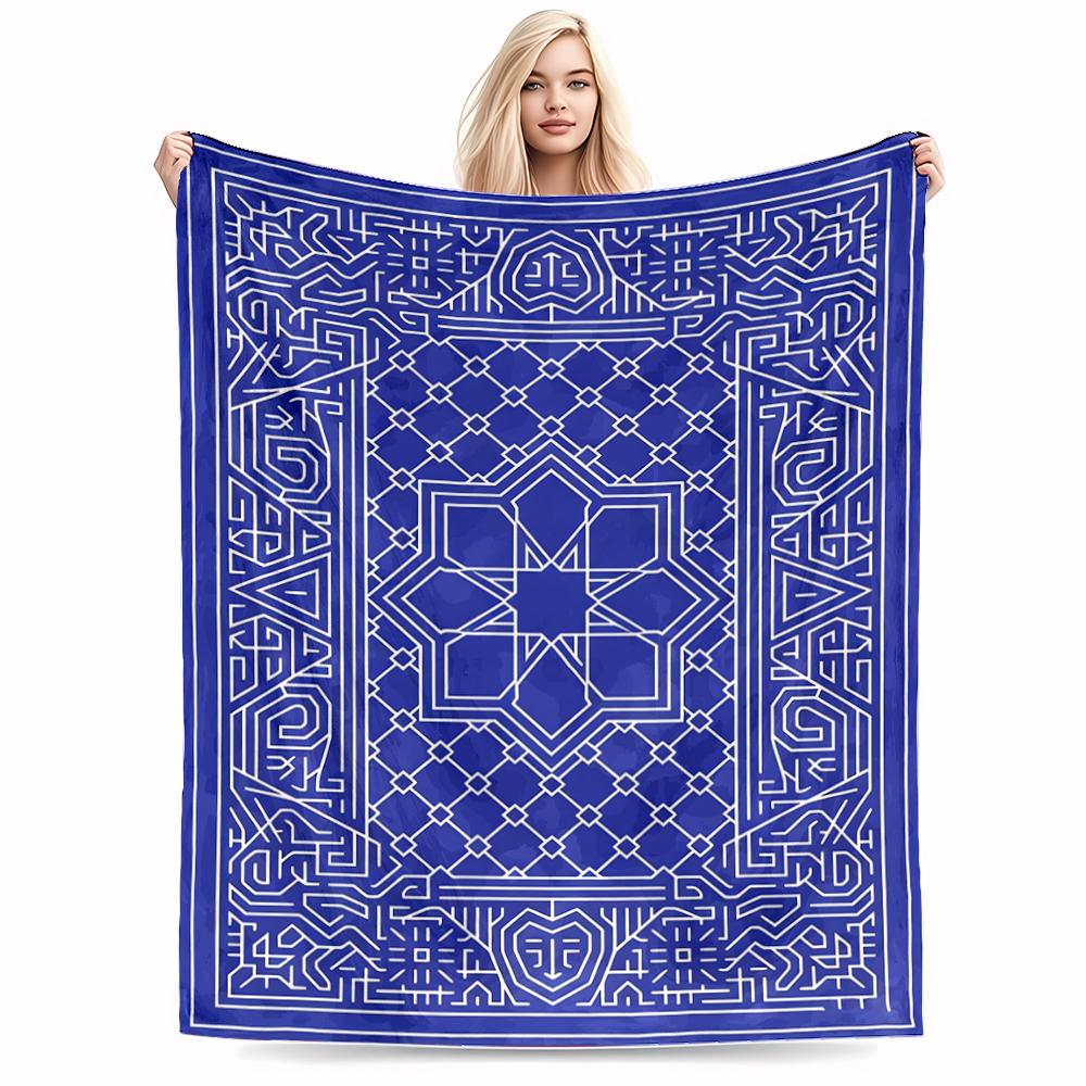 Geometric Blue blanket with Intricate White Pattern for blanket, suitable for use in the bedroom, living room, on the sofa
