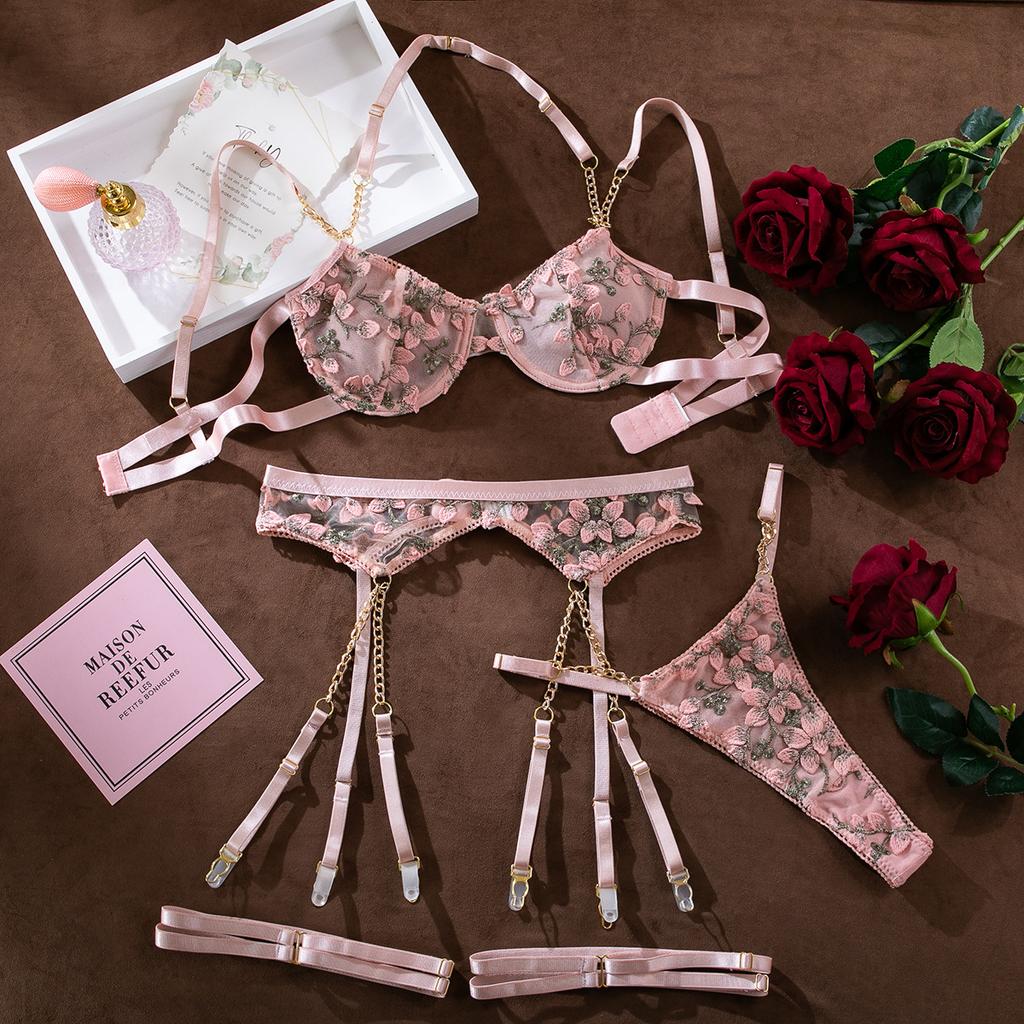 Sexy Lingerie Flower See-through Sexy Three-Piece Suit