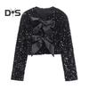 Women Sequin Jacket Big Bow Decor Loose Round Neck Long Sleeves Solid Color Cardigan Coat Short Type Outerwear for Dating Commuting Club Party