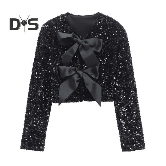 Women Sequin Jacket Big Bow Decor Loose Round Neck Long Sleeves Solid Color Cardigan Coat Short Type Outerwear for Dating Commuting Club Party
