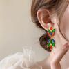 Gold-Plated Vintage-Style Leaf Stud Earrings with Multicolored Gemstones