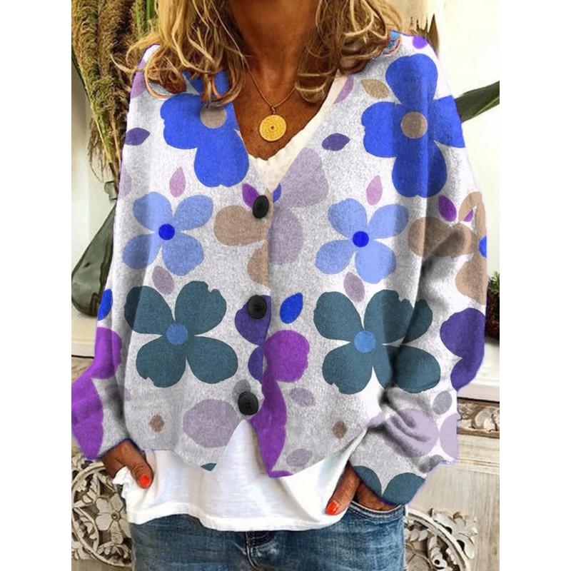 Womens Soft Knit Cardigan With 3D Digital Print Loose Fit Long Sleeve Open Front Sweater Casual Style