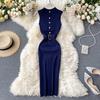 European and American Dress Women's New Breasted Lace-up Waist and Hips Elastic Knitted Sleeveless Sexy Hip Dress