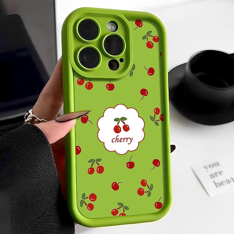Для iPhone 16 Pro 15 14 Plus 13 12 Pro Max 11 Xs Xr 8 7 Cherry Pattern матовый ударопрочный мягкий TPU защита линз противоударный чехол конфетного цвета