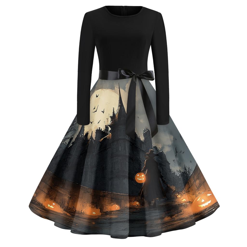 Women's Casual Fashion Round Neck Halloween Printed Vintage Dress
