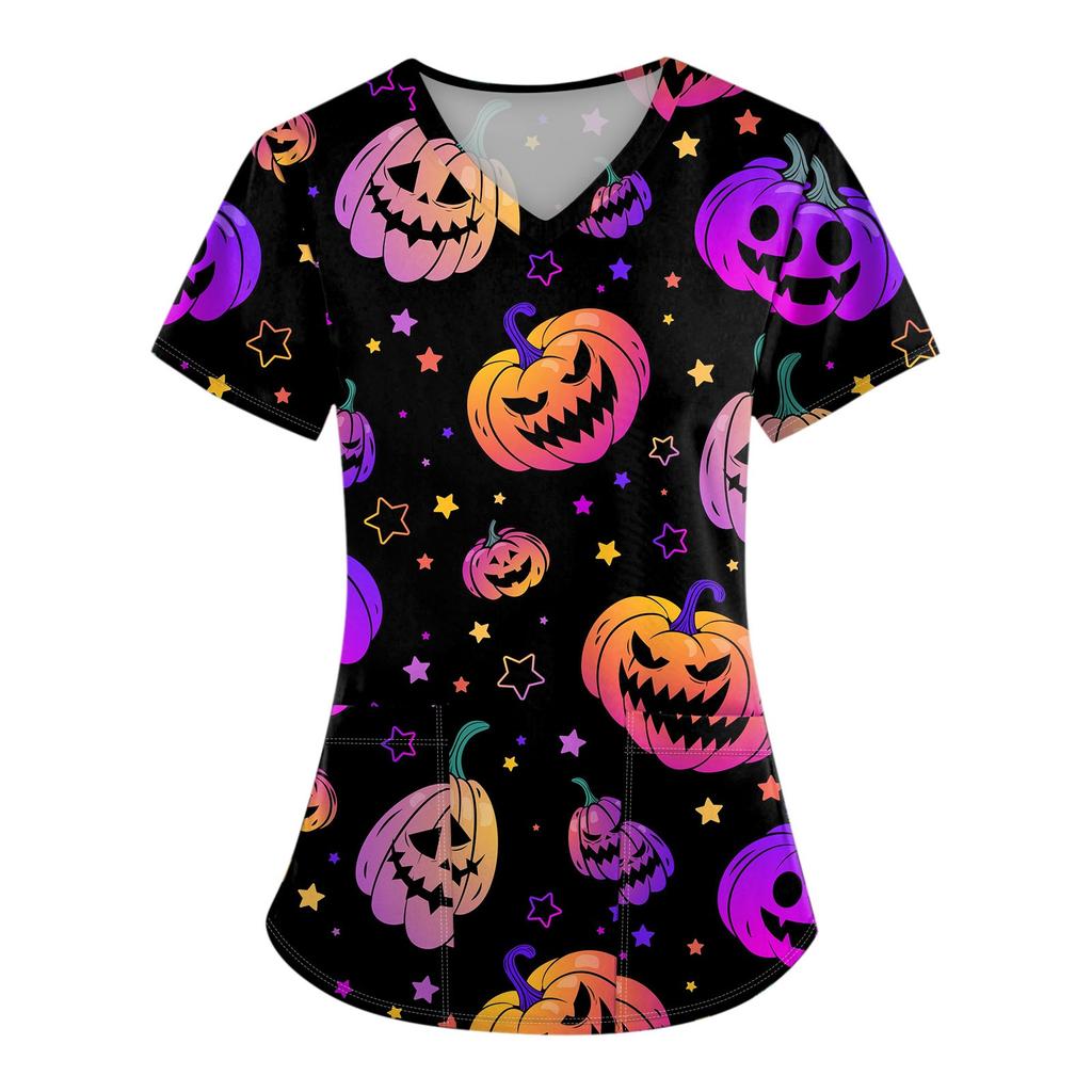 Женская униформа с коротким рукавом и принтом на Хэллоуин с V-образным вырезом и карманом