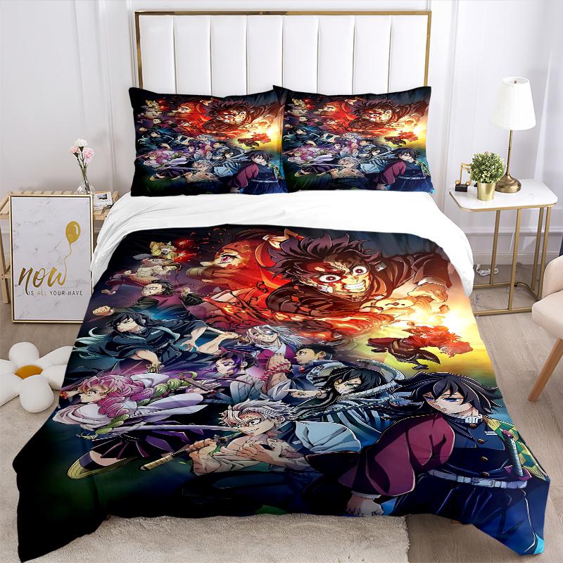 3pcs Cartoon Demon Slayer Quilt Set - Soft and Comfortable Bedroom, Guest Room and Dorm Decor Bedding Set 1 Quilt Cover + 2 Pillowcases.L008
