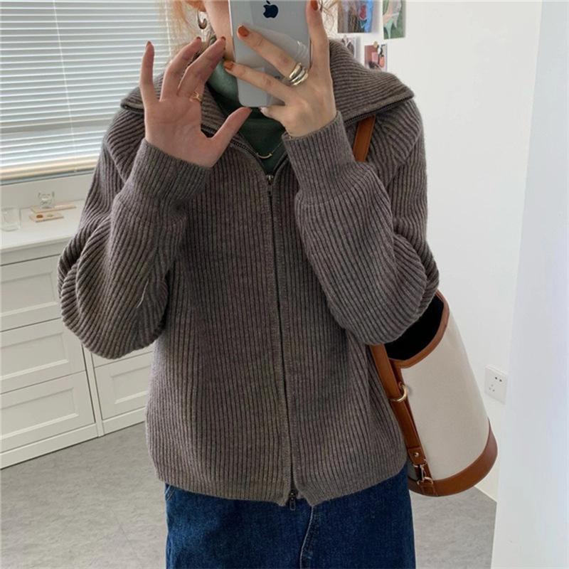 МОДА Корейская версия ретро-молнии вязаный кардиган женский 2024 свободная верхняя одежда ленивый ветер лацкан свитер куртка топ