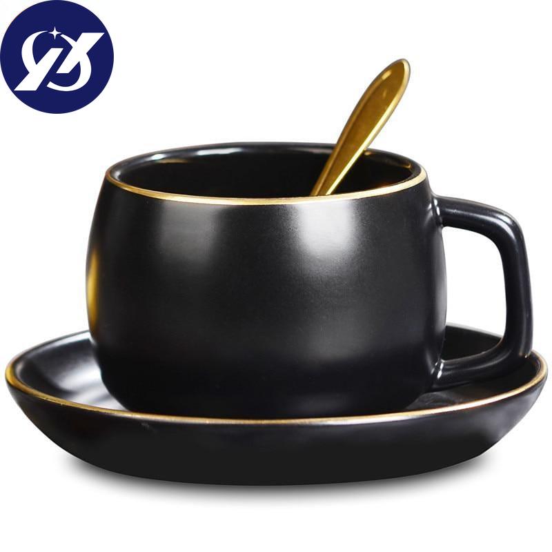 Керамическая чашка для кофе и блюдце, 250 мл, черный пигментированный фарфор, набор чайных чашек с ложкой, набор посуды