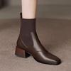 Coarse Heel Short Boots Women's New Autumn and Winter Velvet Single Boots French Retro Square Head Knitted Elastic