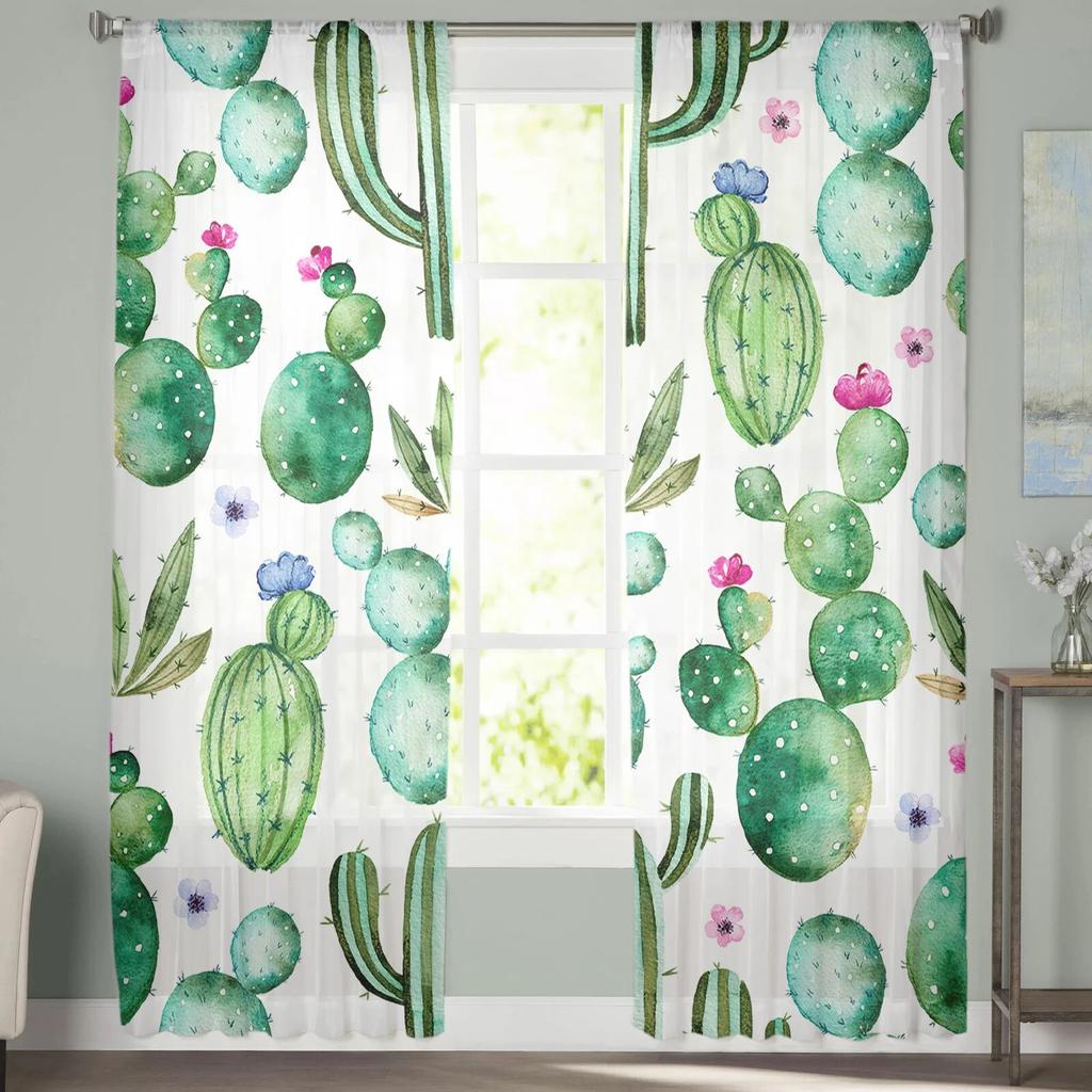 Кактус акварельные цветы зеленые роскошные тюлевые шторы современная гостиная кухня шифоновая занавеска для спальни прозрачная занавеска с балдахином