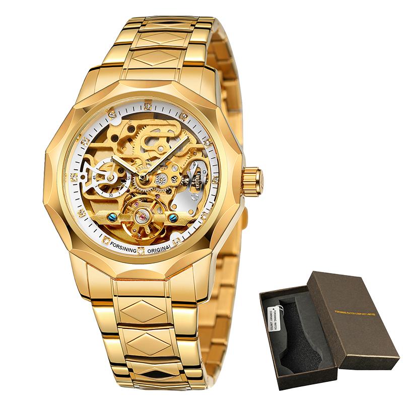 FORSINING Automatic Watches for Men Luxury Design Diamond Skeleton Tourbillon Mechanical Stainless Steel Strap Male Wristwatches