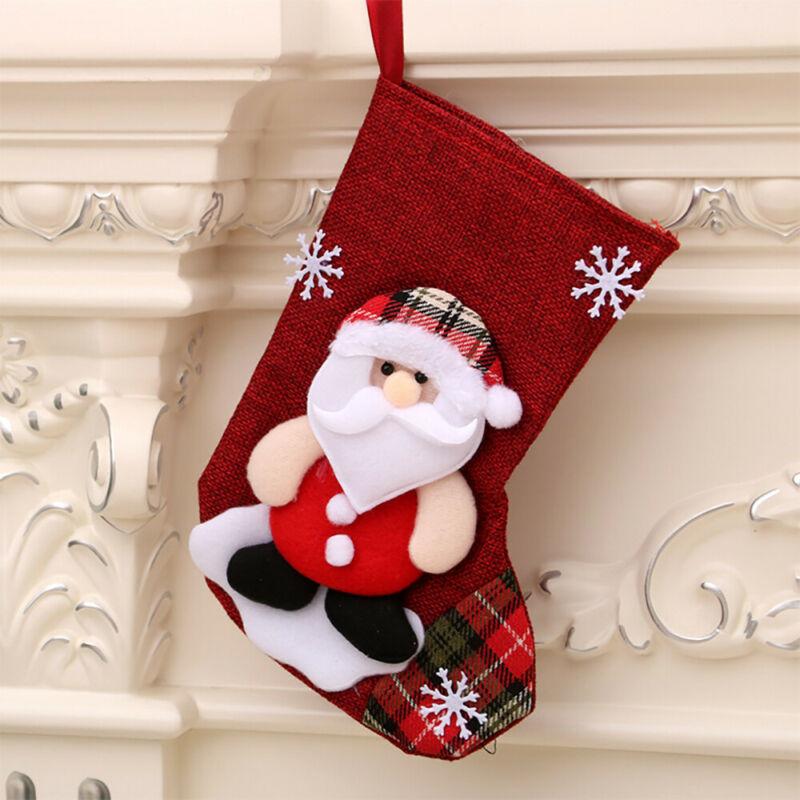 Lovely Xmas Printed Stocking Decorations, Santa Claus Ornament, Linen Tree Hanging Socks, Christmas Gift Candy Bags