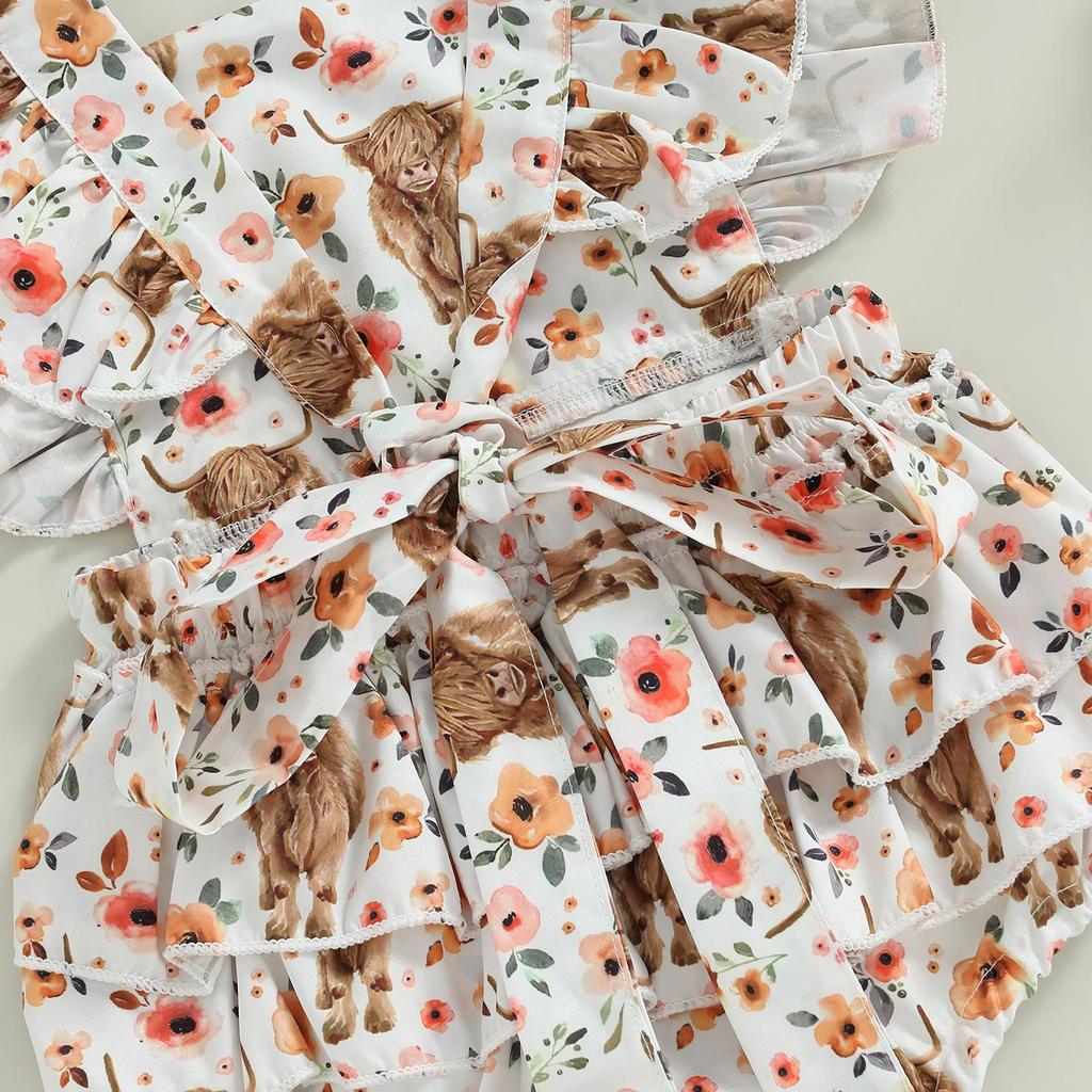 Одежда в стиле вестерн для маленьких девочек, комбинезон с принтом коровы, комбинезон без рукавов с рюшами, боди, повязка на голову, наряд для детской пастушки