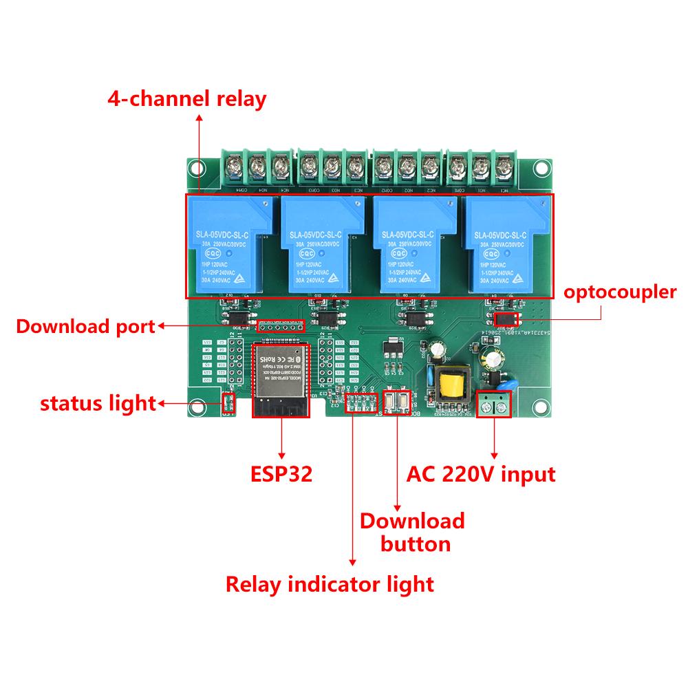 ESP32 Relay Module WIFI Bluetooth Development Board AC 220V 30A 4-Channel Relay Module Electronic Component Kit On-board ESP32E