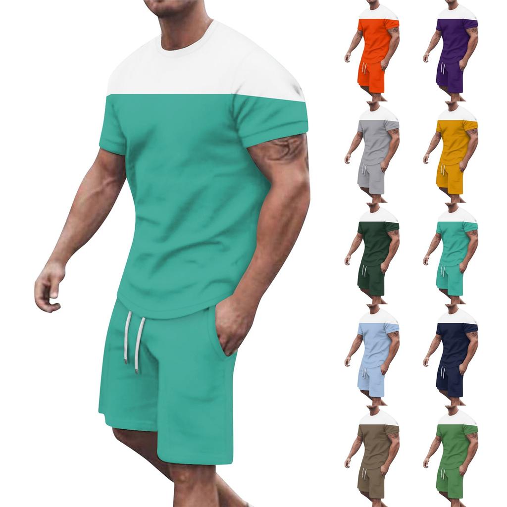 Men's Solid Color Shoulder Short Sleeved Shorts Breathable Men's Casual 2-piece Set
