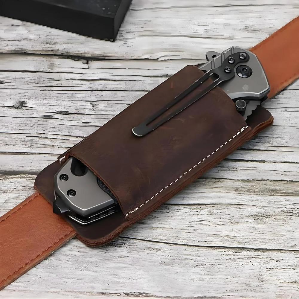 Changmai European Vintage Leather Knife Sheath with Horizontal Belt Clip - Men's Handcrafted Pocket Storage, Leather Folding Knife Sheath