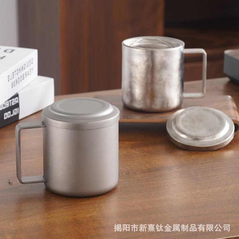 Pure Titanium Double Wall Insulated Mug With Fixed Handle Lid 450ml Ice Flower Finish Office Travel Tea Coffee