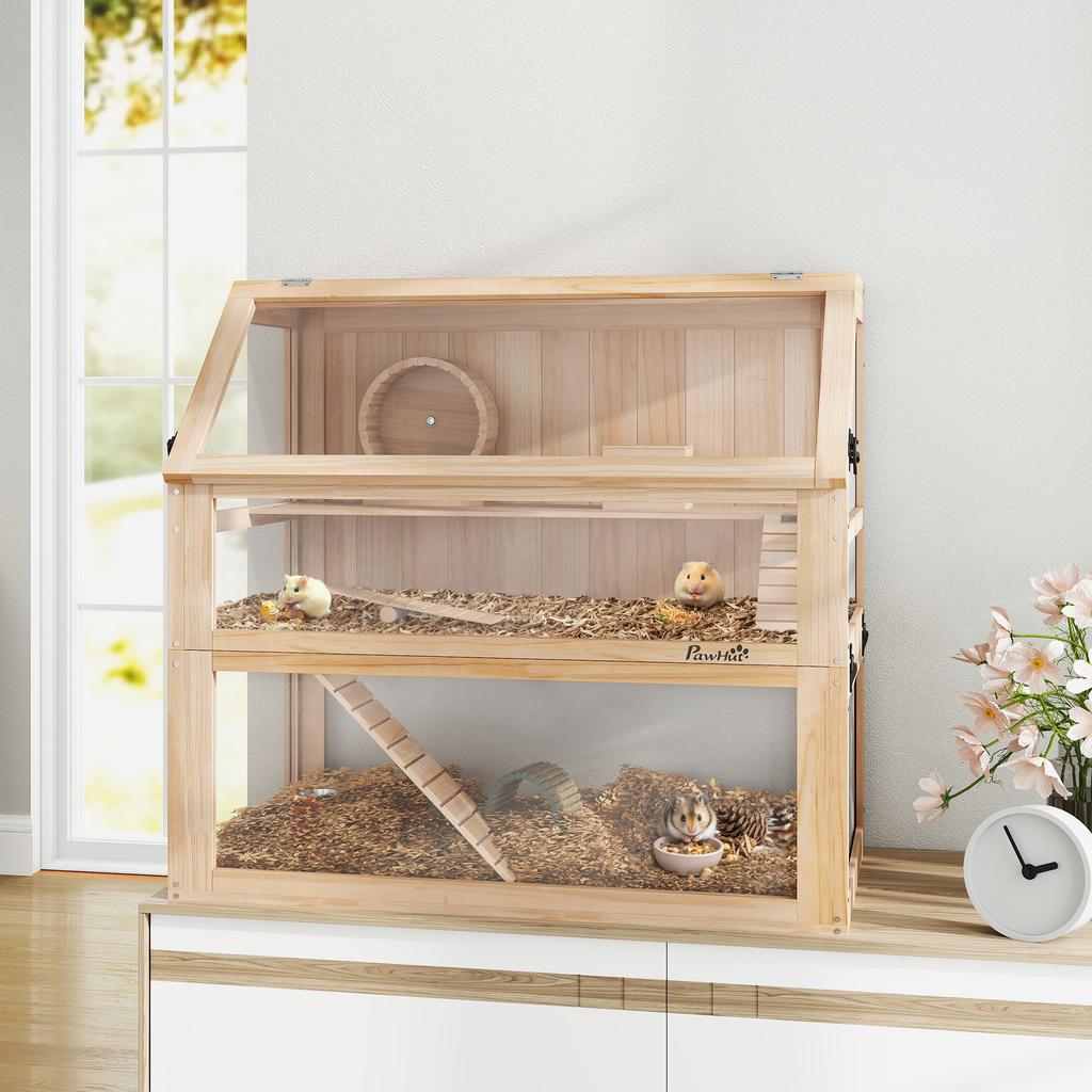 Wooden Hamster Cage with Detachable 31cm Deep Bottom, Hut, Seesaw, Exercise Wheel, Ramp, 80 x 50 x 76cm, Natural