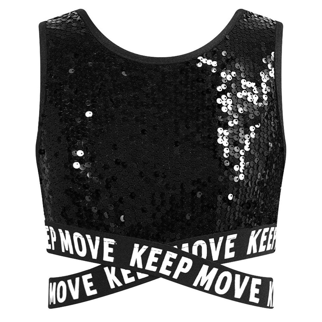 Укороченный топ с блестками для девочек, без рукавов, с круглым вырезом и перекрещивающейся талией, одежда для выступлений в стиле хип-хоп