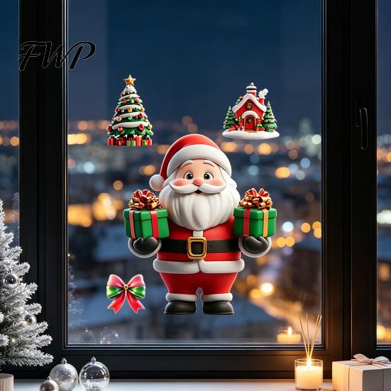 Christmas Party Supplies Static Window Clings, Reusable Decals with Santa Snowman Snow Holiday Glass Stickers House Designs, Double Sided for