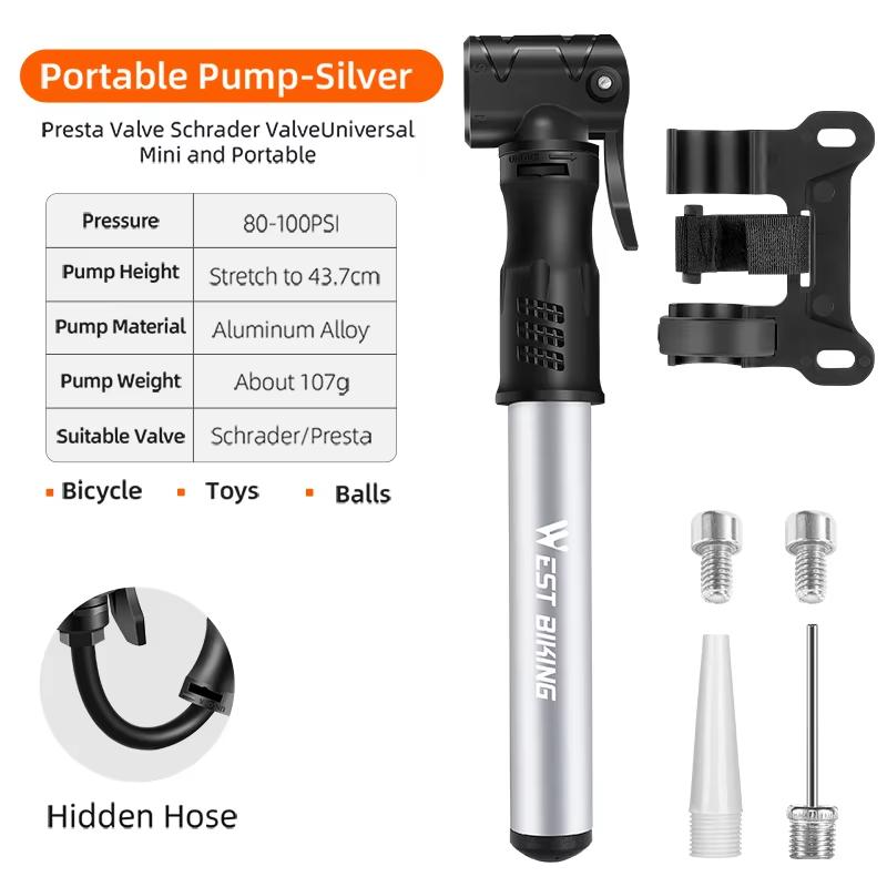 WEST BIKING Mini Bike Pump Aluminum Alloy Bicycle Hand Air Pump Tire Inflator Schrader Presta Valve MTB Road Cycling Pump