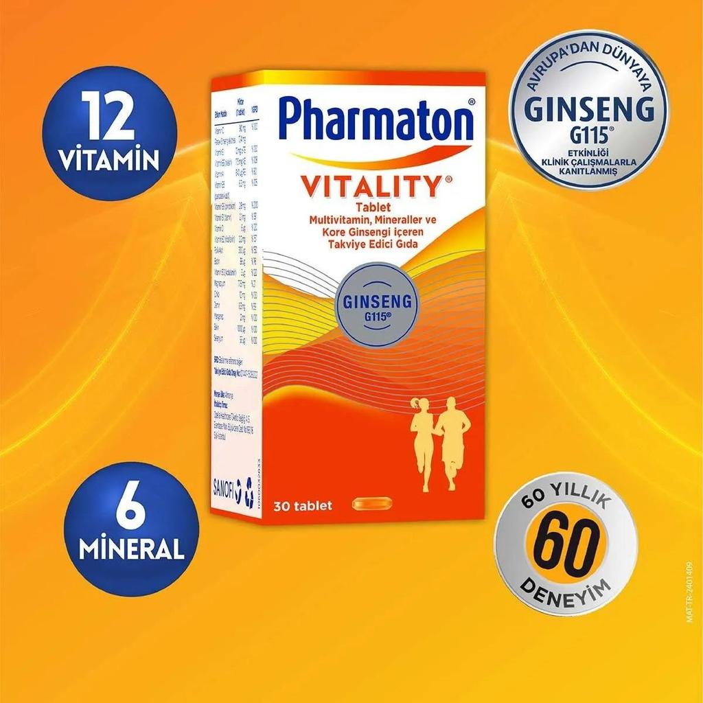 Pharmaton Vitality — мультивитаминная добавка с минералами и корейским женьшенем G115®, 30 таблеток