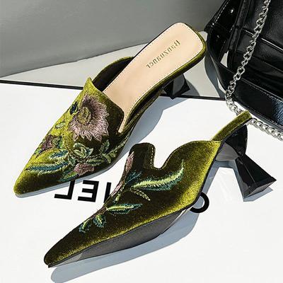 2025 Осень Вышивка Женские Мюли Тапочки Роскошная Мода Элегантные С Острым Носком Шлепанцы Туфли Дамское Платье Шпилька Сандалии