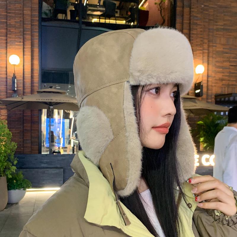 Женская осенне-зимняя теплая утолщенная защитная шапка-бомбер с холодным мехом, бархатная уличная замшевая шапка для велоспорта, милая милая шапка Lei Feng