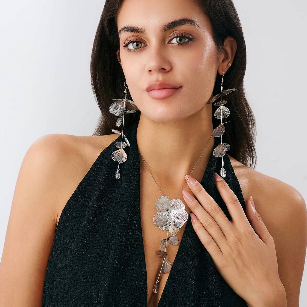 Salircon Модное Элегантное Длинное Металлическое Цветок Лепесток Кисточка Подвеска Ожерелье Серьги Женские Изысканные Серьги Банкетный Набор Украшений