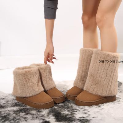 Обувь для женщин. Новинка 2024 года. Женские ботинки без шнуровки. Зимние однотонные плюшевые однотонные флоковые ботинки с круглым носком на среднем каблуке. Водонепроницаемые повседневные зимние ботинки.