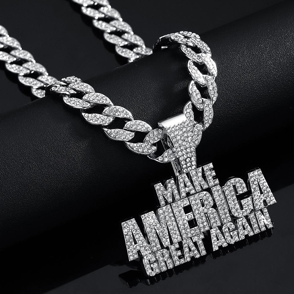 Взрывной Кулон-буква из сплава с полным покрытием бриллиантами Make America Create AGAIN Мужское Хип-Хоп Ожерелье