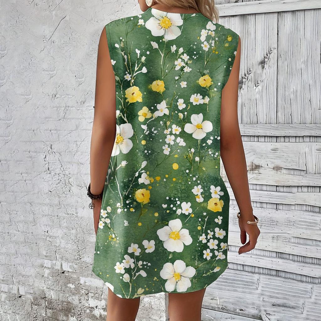Женское повседневное и модное платье средней длины с круглым вырезом и без рукавов с принтом