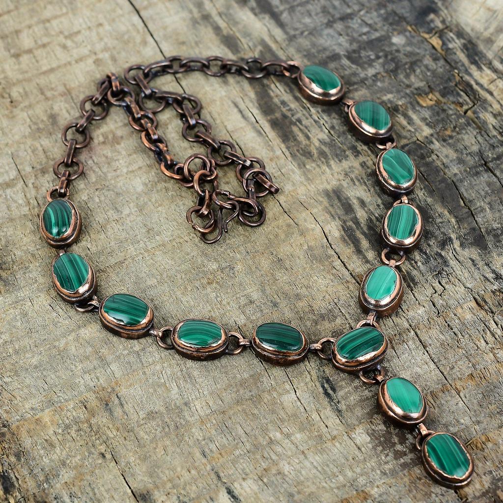 Ожерелье из малахита, ожерелье из электроформированной меди, уникальное украшение, ожерелье с регулируемой цепочкой, медное украшение ручной работы, подарки на годовщину