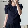 VONDA Женская повседневная круглая шея с коротким рукавом и галстуком, однотонная свободная блузка