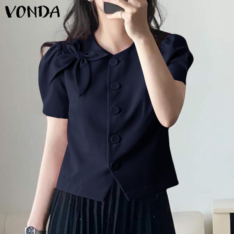 VONDA Женская повседневная круглая шея с коротким рукавом и галстуком, однотонная свободная блузка