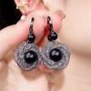 Retro black mesh zircon flower earrings, ear buckles, women's personality, high-end design earrings, fashion earrings.