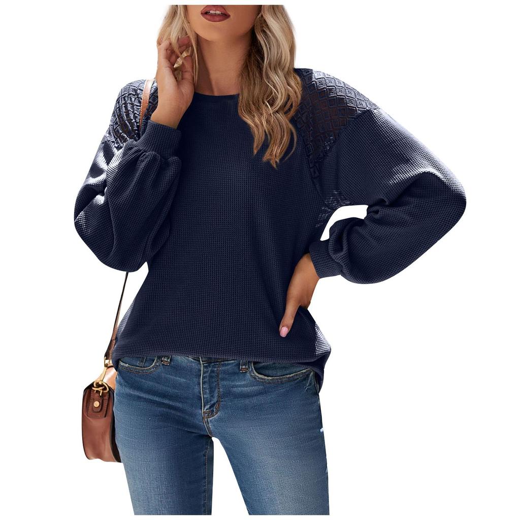 Women's Fashion Casual Solid Color Striped Round Neck Pullover Lace Long Sleeve Top T-shirt